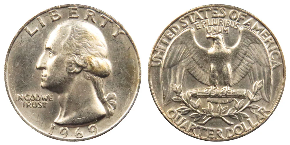 1969 Washington quarter obverse showing Washington portrait and reverse showing eagle design