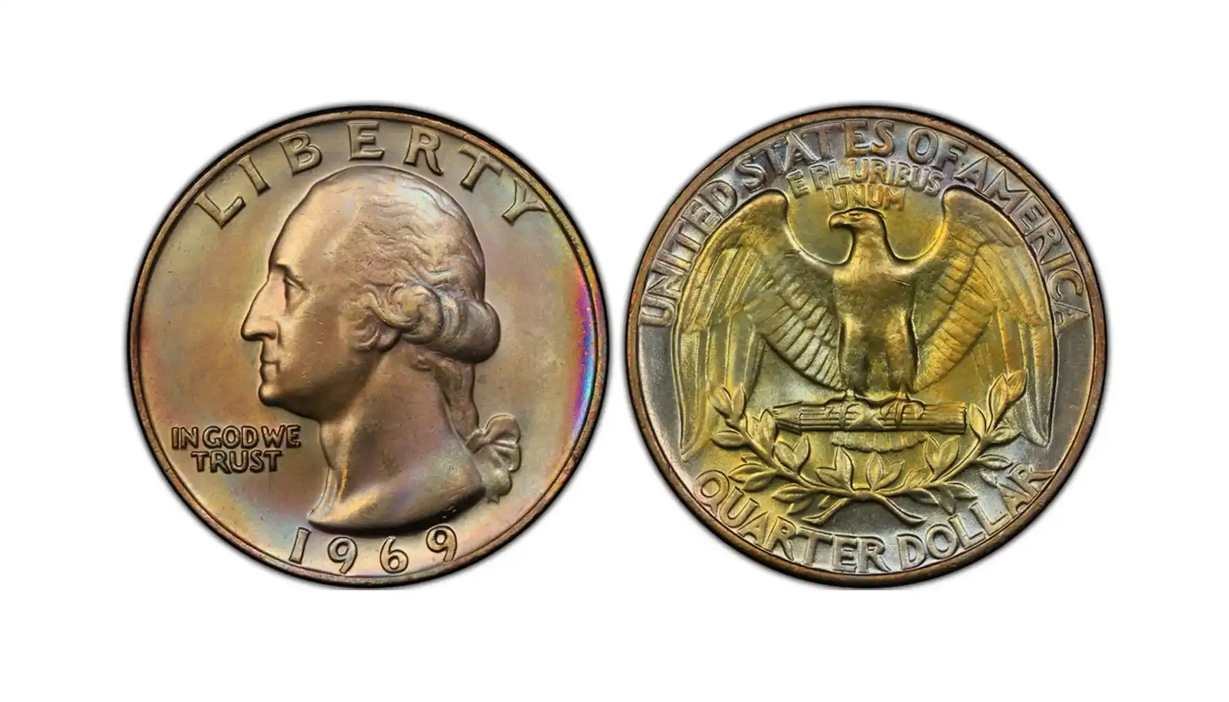 Side-by-side comparison of normal 1969 quarter obverse lettering versus 1969 DDO doubled die obverse showing doubling on LIBERTY and IN GOD WE TRUST