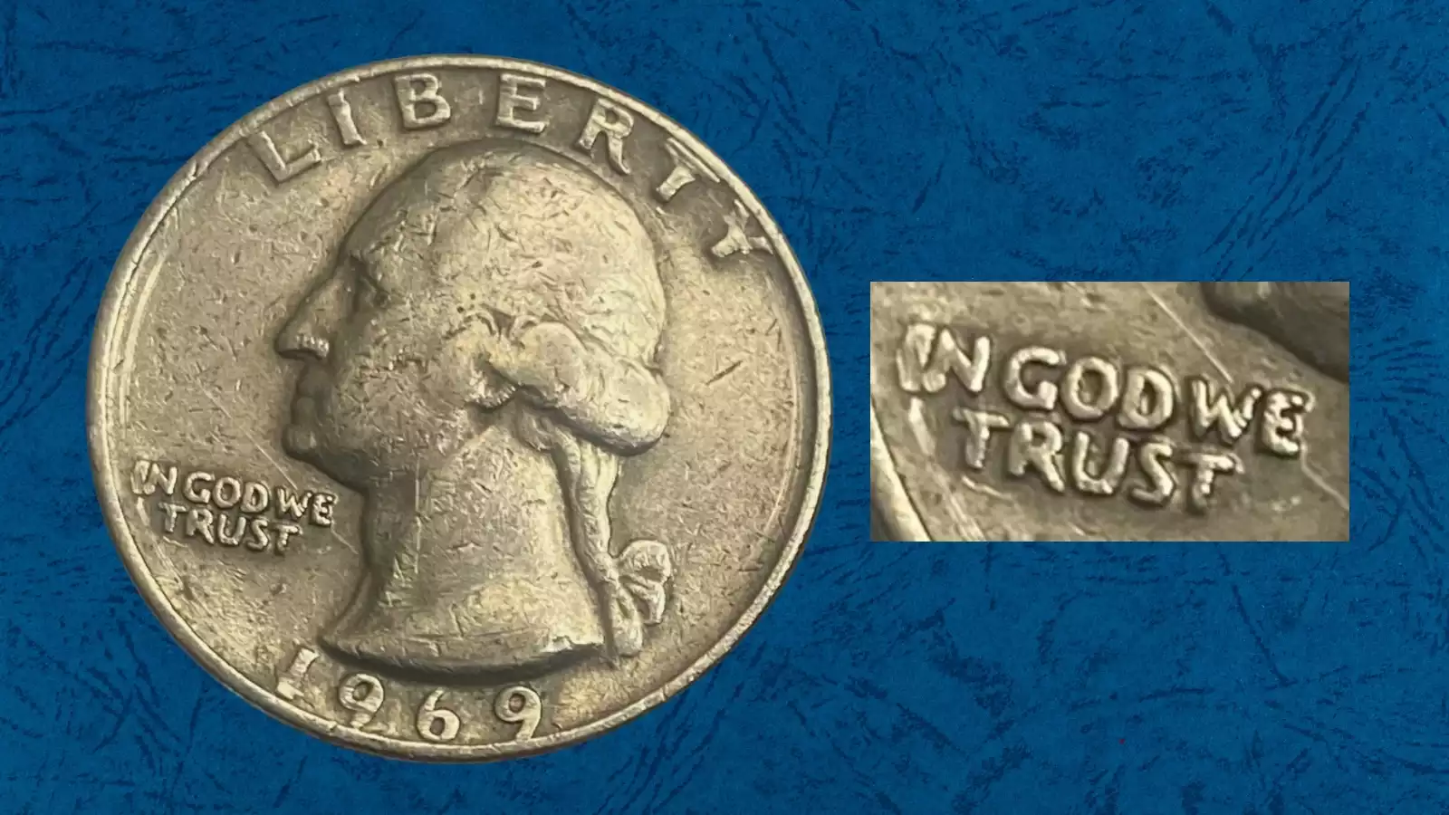 Close-up of 1969 quarter Doubled Die Obverse showing doubling on LIBERTY and date