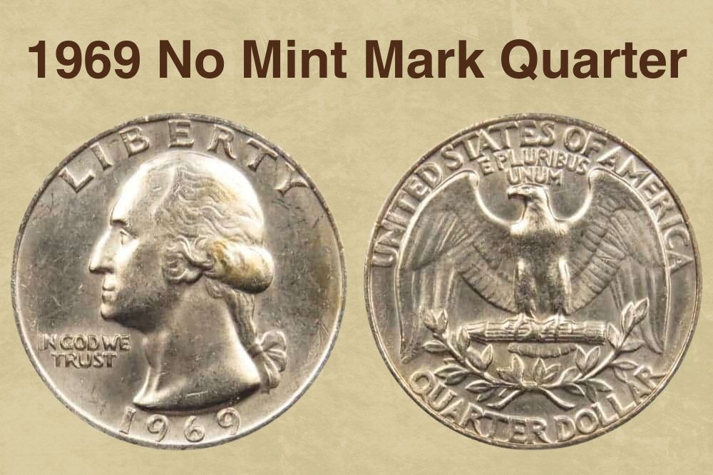Group of 1969 Washington quarters from Philadelphia, Denver, and San Francisco mints showing all three varieties