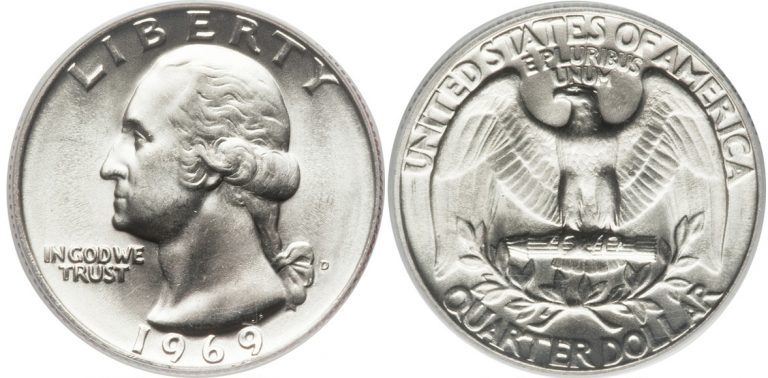 Grading strip showing four 1969 Washington quarters in progressively better condition from heavily worn to gem uncirculated